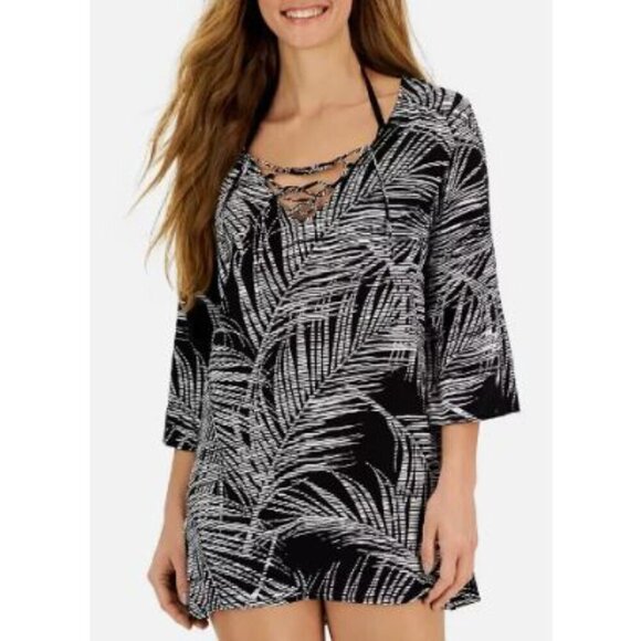 J. Valdi | NEW Boho Flowy Black and White Leaf Print Lace Up Cover Up - Picture 1 of 9